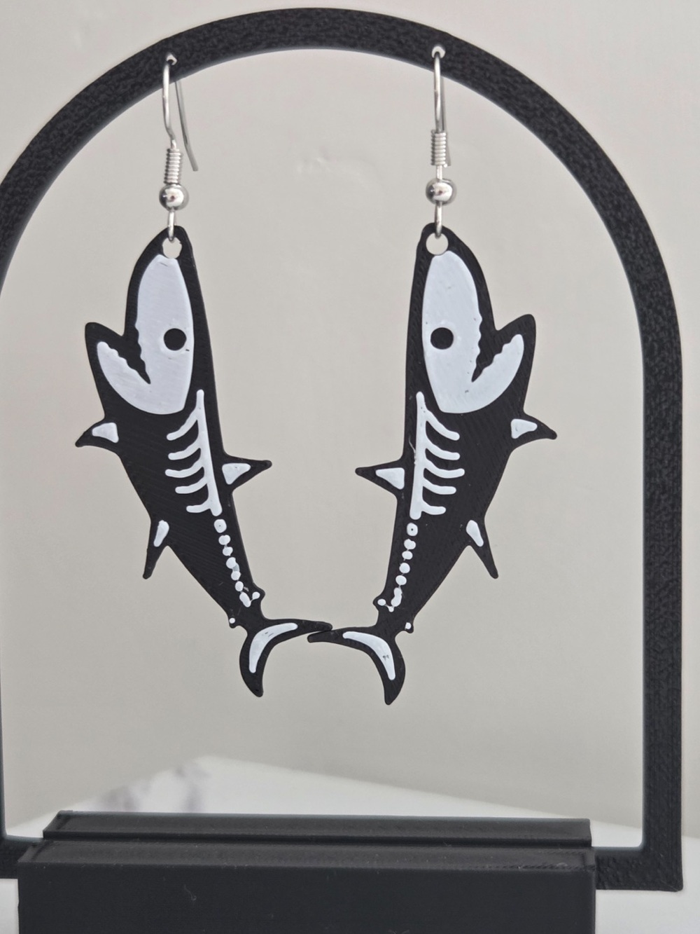 Black and White Fish Skeleton Dangle Earrings - Brand: